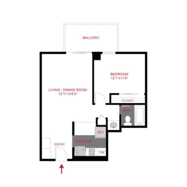 Rendering of the A1Rx floor plan with 1 bedroom[s] and 1 bathroom[s] at 180 Flats