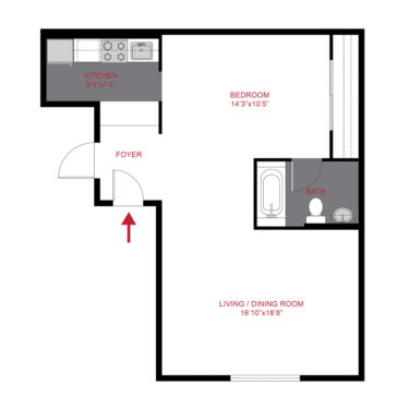 Rendering of the 825 Dahlia - Plan S2 floor plan with a Studio bedroom and 1 bathroom[s] at The Dexters & Dahlias