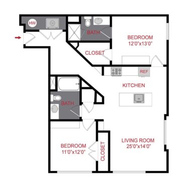 Rendering of the The Albers floor plan with 2 bedroom[s] and 2 bathroom[s] at 7/S Denver Haus