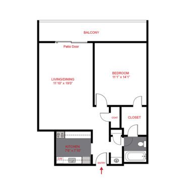 Rendering of the A3 floor plan with 1 bedroom[s] and 1 bathroom[s] at Liv on Steele