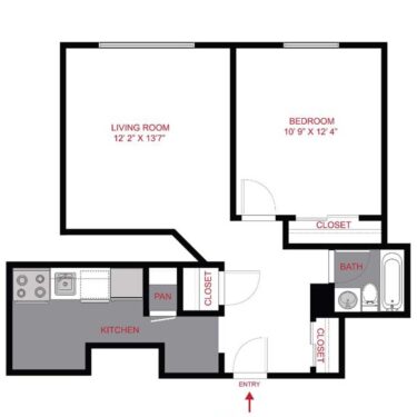 Rendering of the A1R floor plan with 1 bedroom[s] and 1 bathroom[s] at 1402 Race