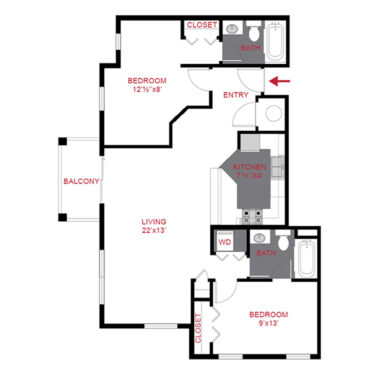 Rendering of the B2 floor plan with 2 bedroom[s] and 2 bathroom[s] at Trocadero