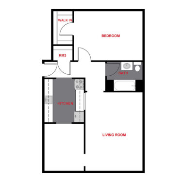 Rendering of the 1357 One Bedroom floor plan with 1 bedroom[s] and 1 bathroom[s] at 1357 & 1373 Cook