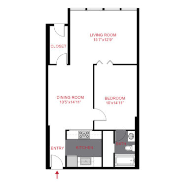 Rendering of the A6 floor plan with 1 bedroom[s] and 1 bathroom[s] at Colorado Station