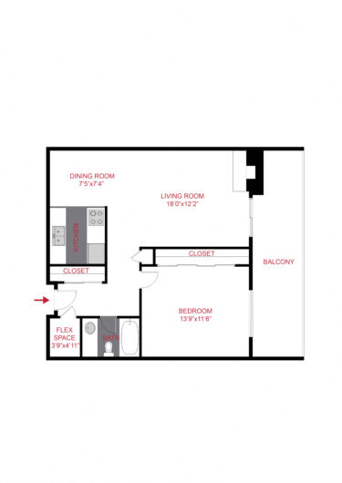 Rendering of the Plan A - One Bedroom floor plan with 1 bedroom[s] and 1 bathroom[s] at 1265 Downing