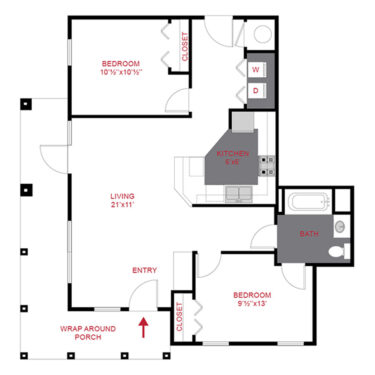 Rendering of the B1 floor plan with 2 bedroom[s] and 1 bathroom[s] at Trocadero