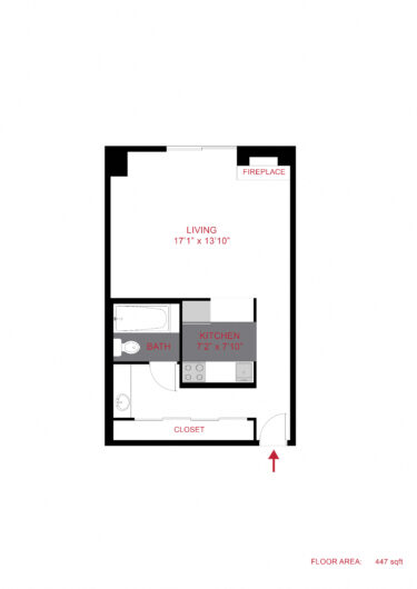 Rendering of the Plan S - Studio floor plan with a Studio bedroom and 1 bathroom[s] at 1265 Downing