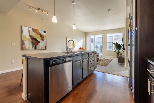 kitchen island with dark wood cabinets