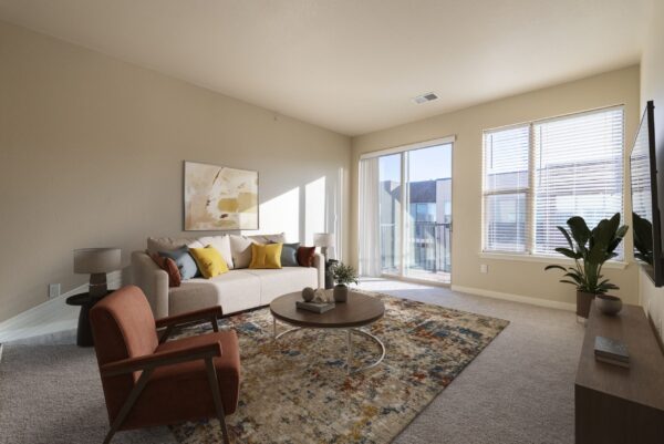 large living room with couch and tv and large windows with sliding door