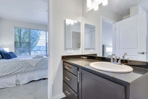 Monaco Row apartment bathroom with wood style floor, dark counters, and medicine cabinet.