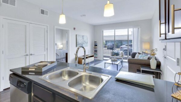 Monaco Row apartment kitchen with wood style floor and cabinets, dark counters, and stainless steel appliances.