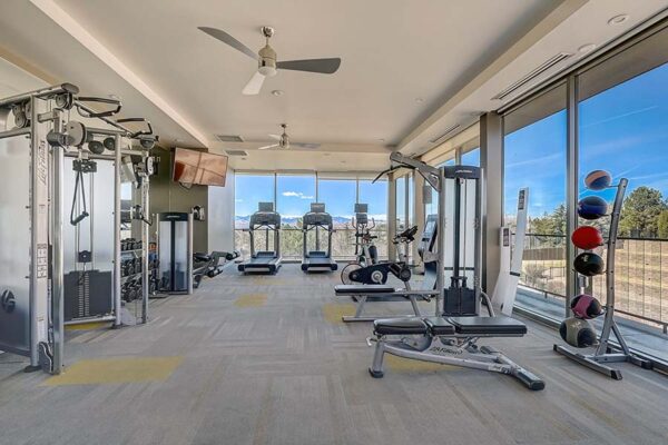 Monaco Row fitness center with cardio machines and weight equipment.