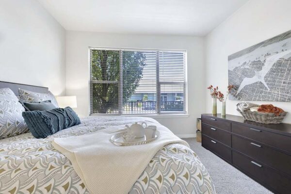 Monaco Row apartment bedroom with plush bed, dresser, and large window.