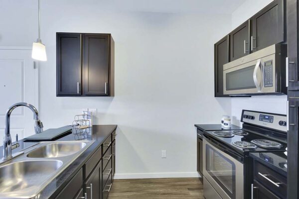 Monaco Row apartment kitchen with wood style floor and cabinets, dark counters, and stainless steel appliances.