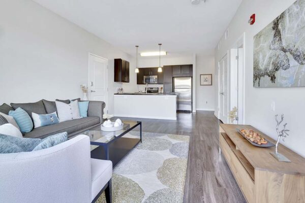 Monaco Row apartment living room with plush seating, elegant decor, and modern kitchen.