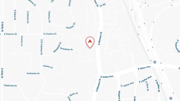 Map showing location of Monaco Row apartments in Denver, Colorado.