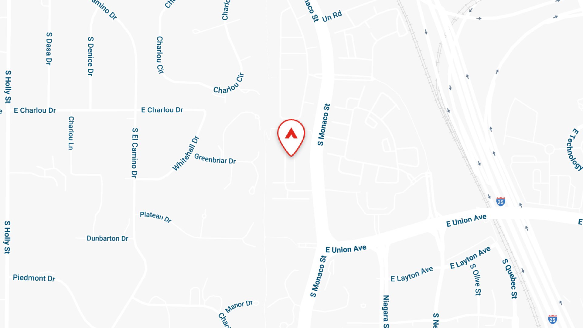 Map showing location of Monaco Row apartments in Denver, Colorado.
