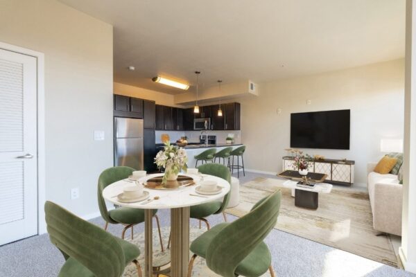 living room with dining table and kitchen