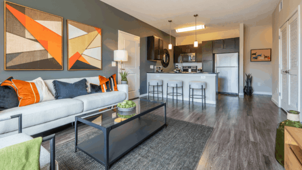living room leading into kitchen with dark accents