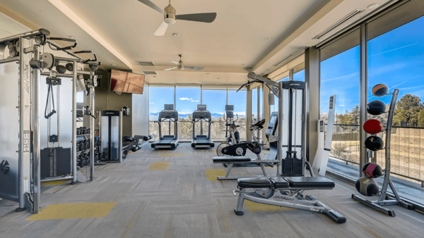 fitness center with cable equipment and views of mountains