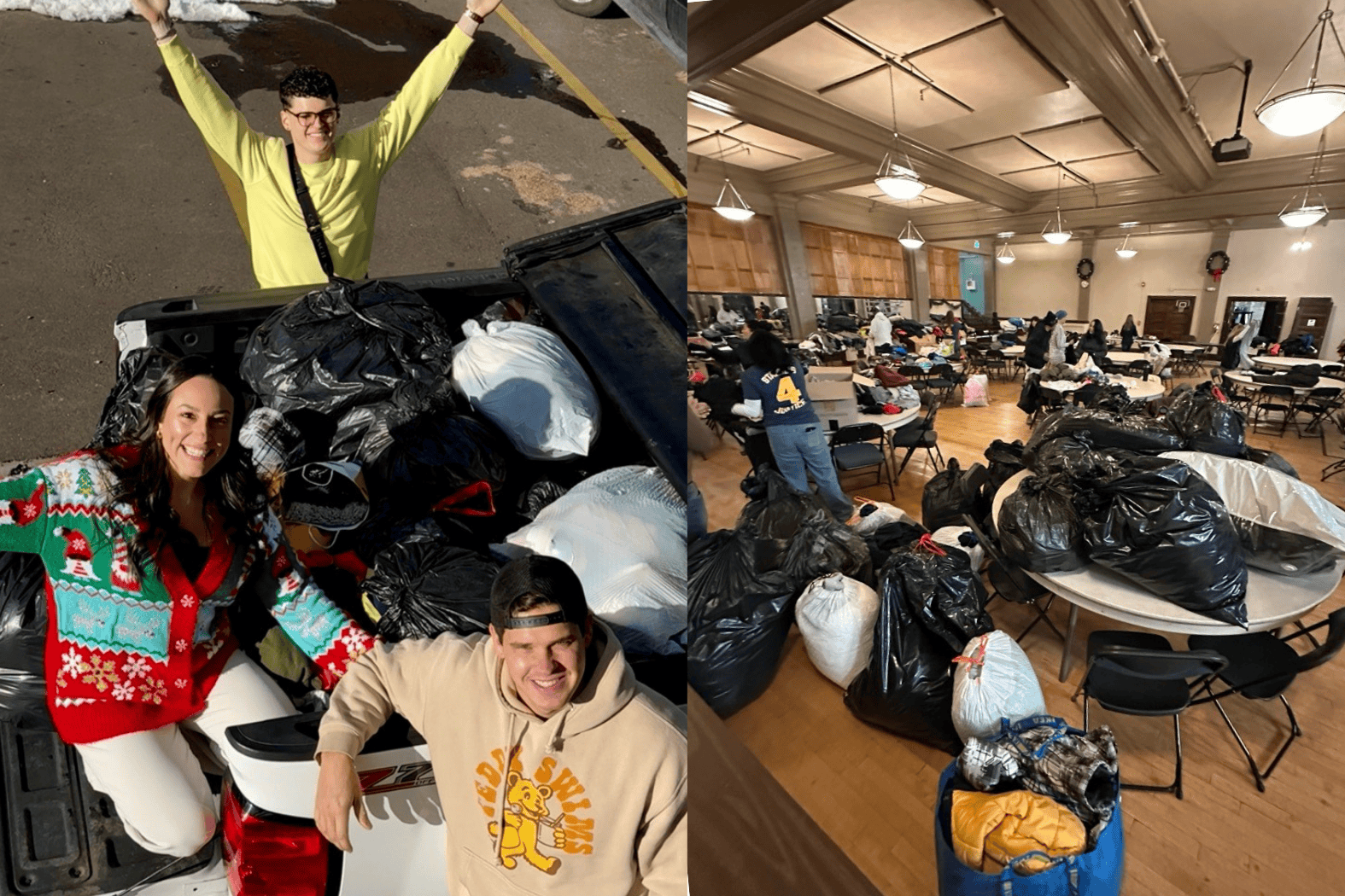 three people standing in the back of a truck with donations to the Denver Community Church