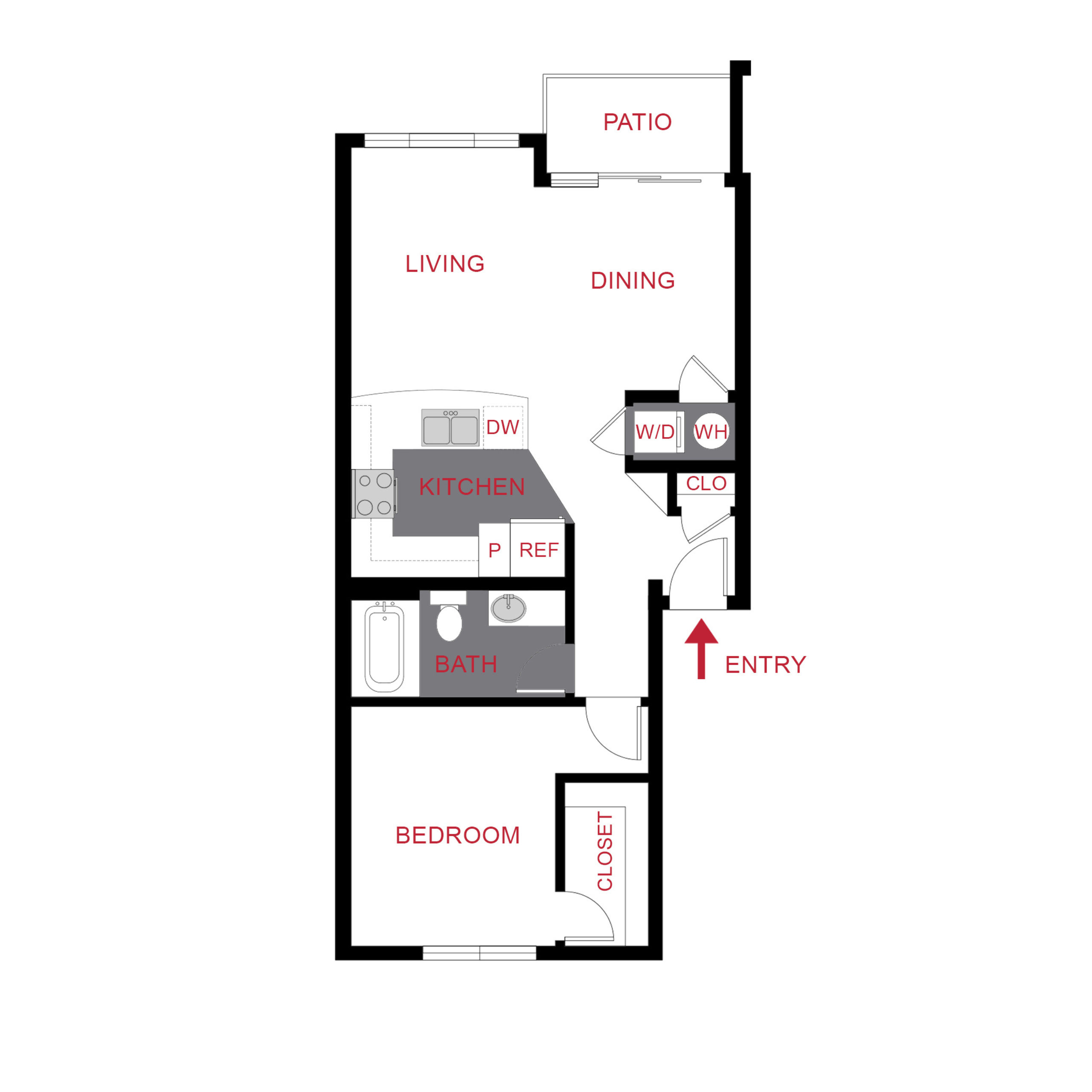 Rendering of the A5 floor plan with 1 bedroom[s] and 1 bathroom[s] at Monaco Row