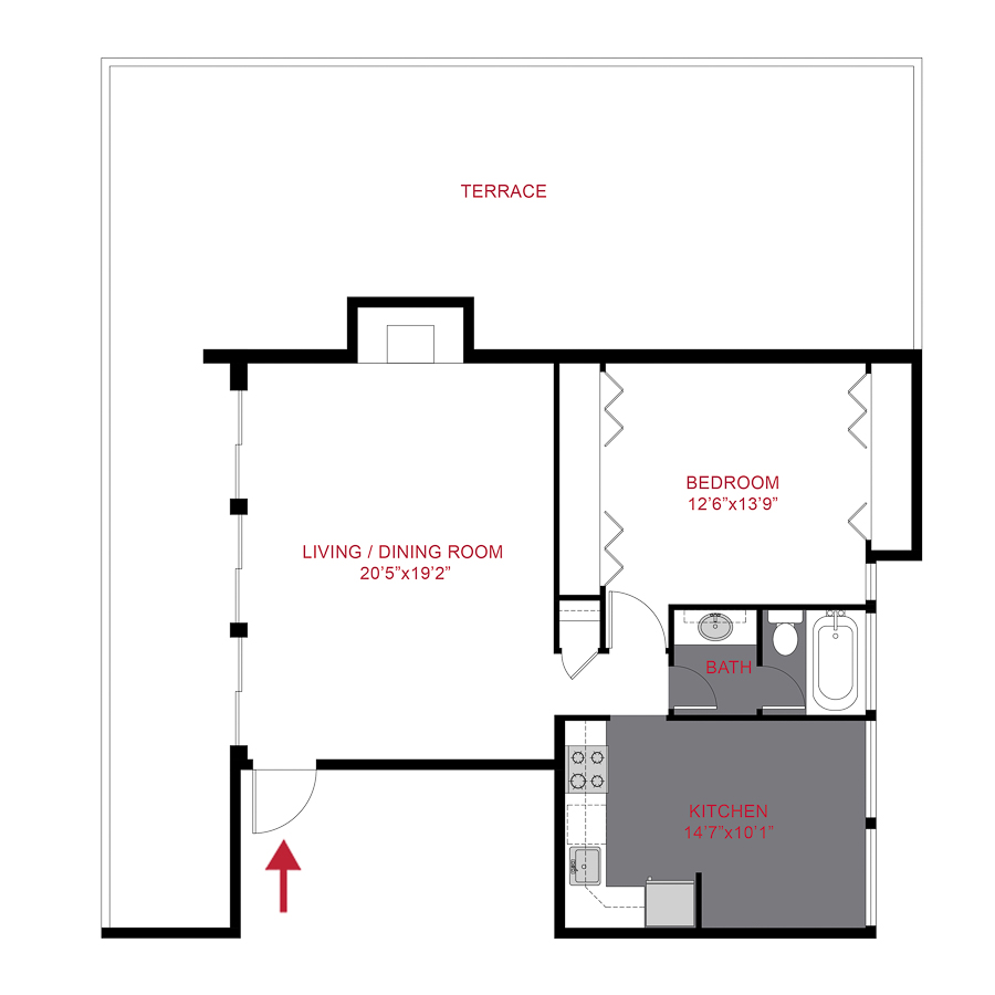 Rendering of the 825 Dahlia - Plan A3 floor plan with 1 bedroom[s] and 1 bathroom[s] at The Dexters & Dahlias