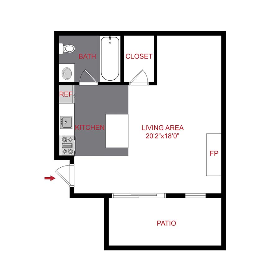 Rendering of the s1 floor plan with a Studio bedroom and 1 bathroom[s] at 950 Lafayette