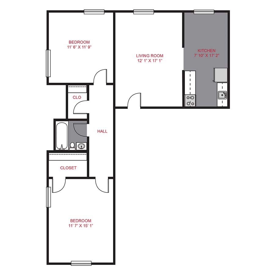 Rendering of the Plan B - Two Bedroom floor plan with 2 bedroom[s] and 1 bathroom[s] at The Novelist