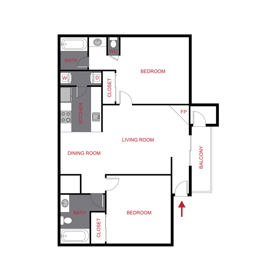 Rendering of the Rio floor plan with 2 bedroom[s] and 2 bathroom[s] at Hadley