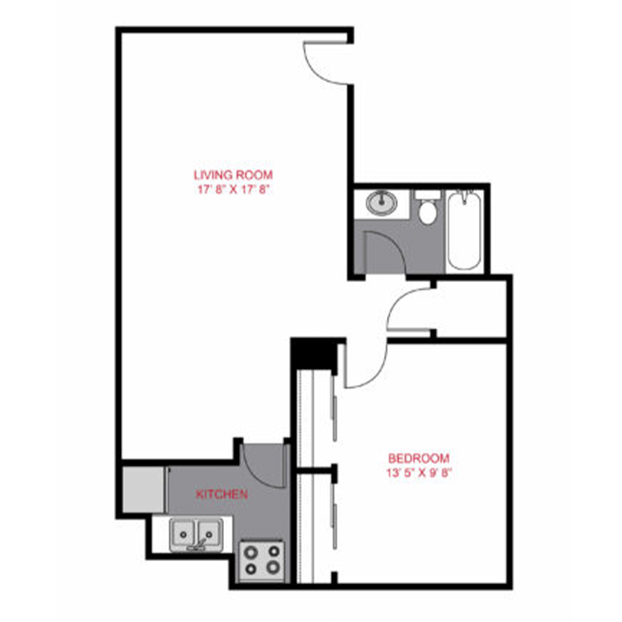 Rendering of the 833 Dexter - Plan A1 floor plan with 1 bedroom[s] and 1 bathroom[s] at The Dexters & Dahlias
