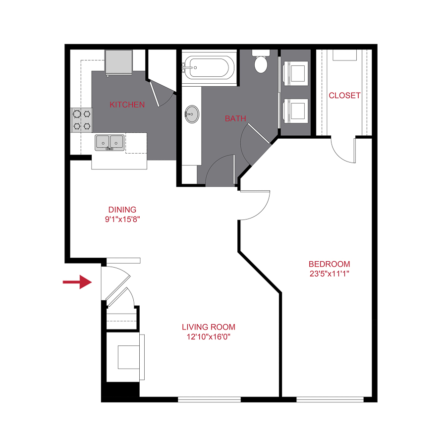 Rendering of the Westland Extended floor plan with 1 bedroom[s] and 1 bathroom[s] at Timber Creek