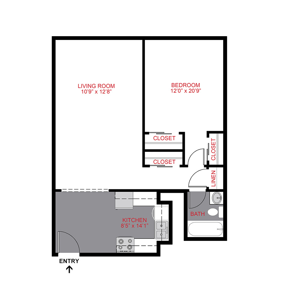 Rendering of the Plan A2 - One Bedroom floor plan with 1 bedroom[s] and 1 bathroom[s] at 1190 Birch