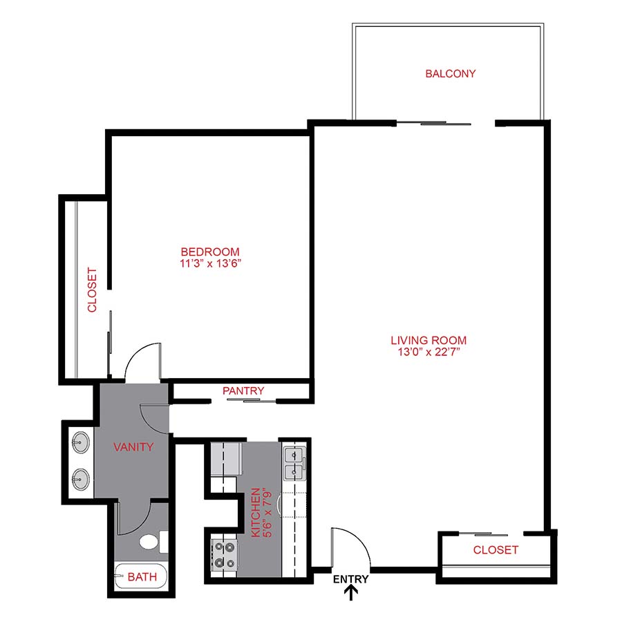 Rendering of the Plan A1 - One Bedroom floor plan with 1 bedroom[s] and 1 bathroom[s] at 1311 Cook