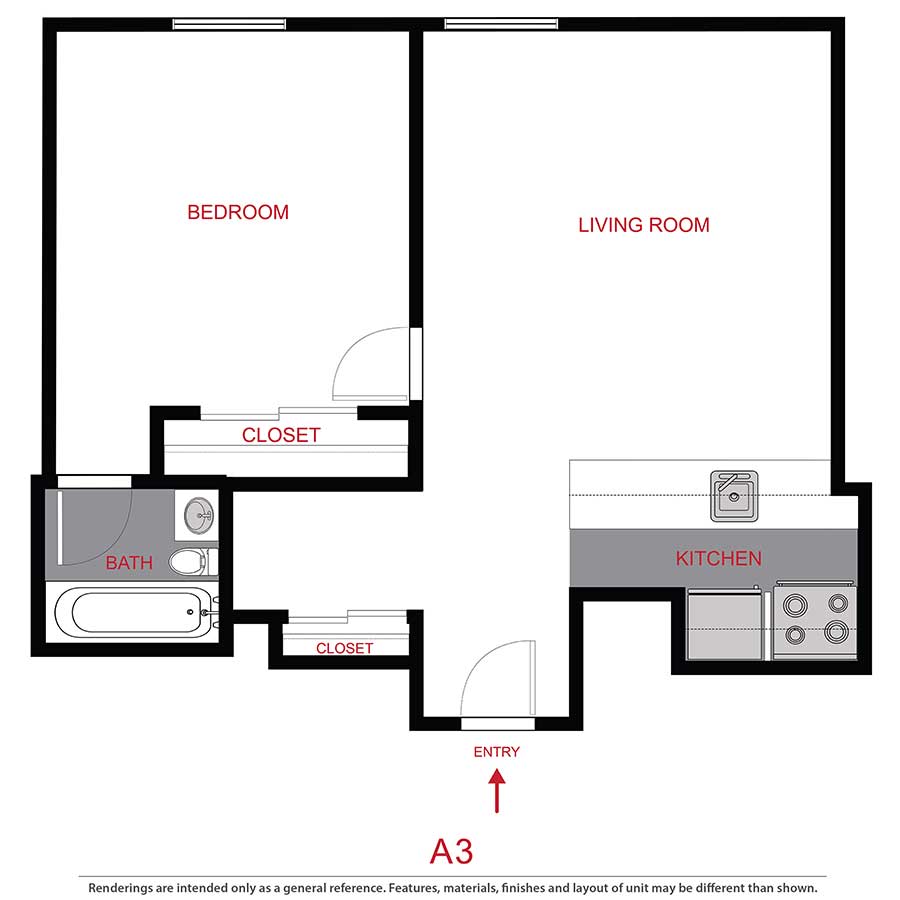 Rendering of the A3 floor plan with 1 bedroom[s] and 1 bathroom[s] at 899 Washington