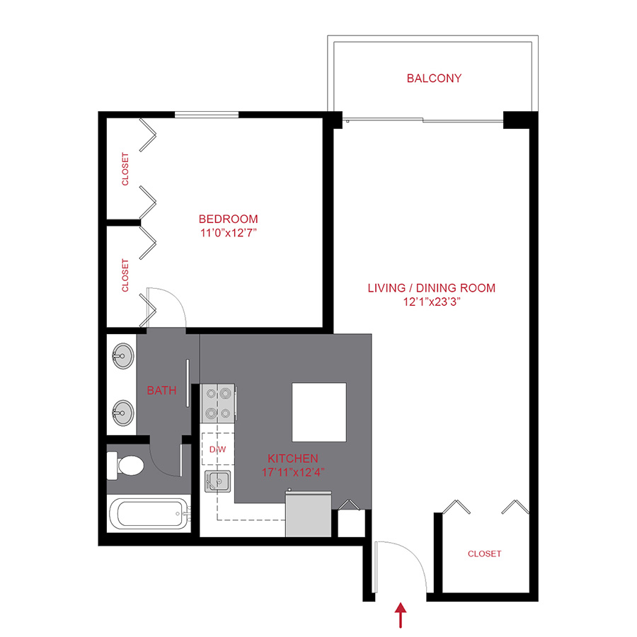 Rendering of the Plan A - One Bedroom floor plan with 1 bedroom[s] and 1 bathroom[s] at 1044 Downing