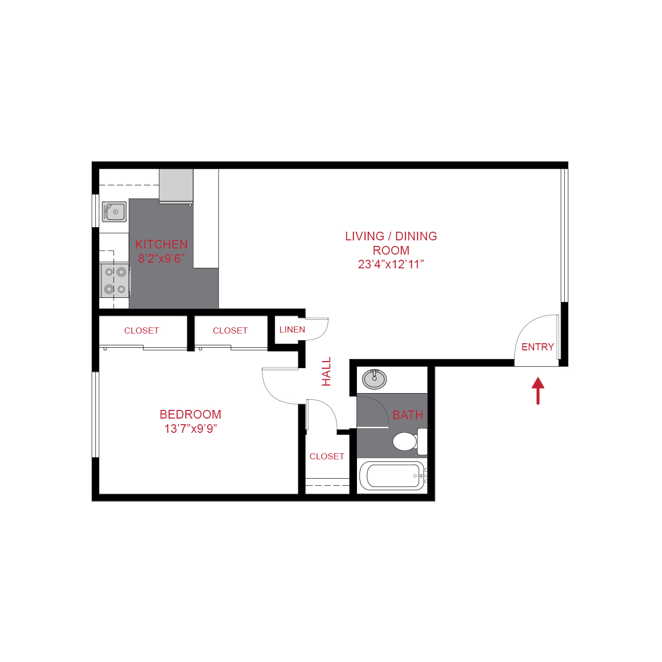 Rendering of the Plan A2 - One Bedroom floor plan with 1 bedroom[s] and 1 bathroom[s] at 833 Dexter