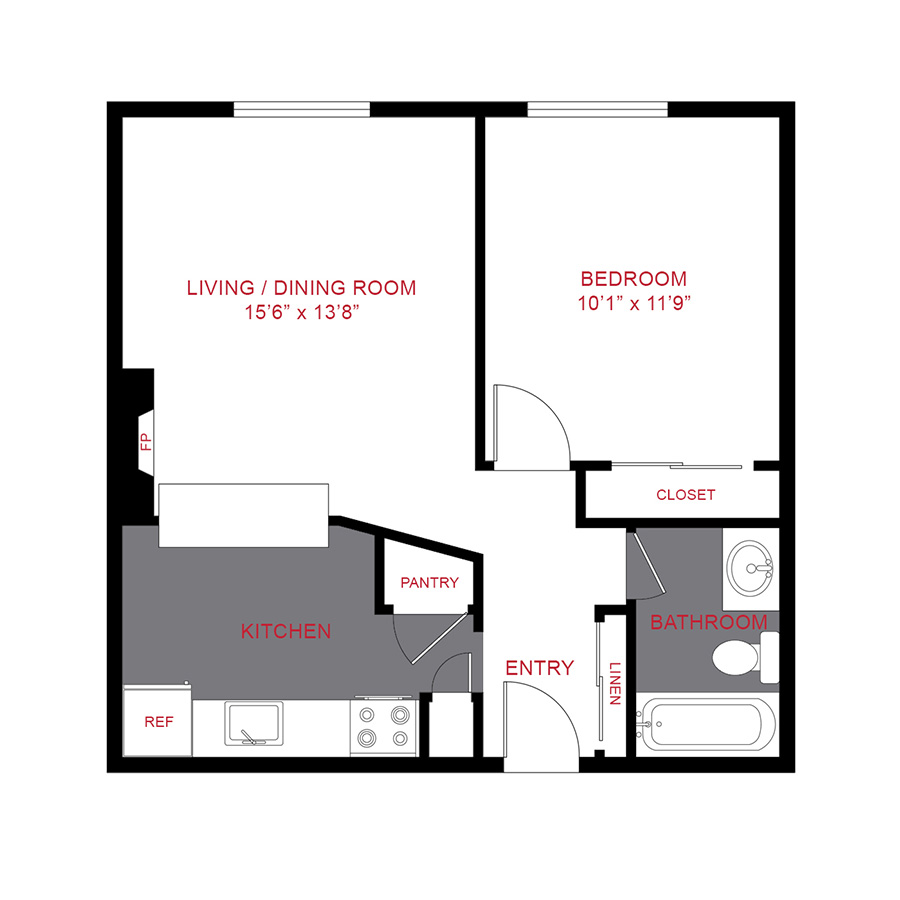 Rendering of the A2 floor plan with 1 bedroom[s] and 1 bathroom[s] at 10 S Penn