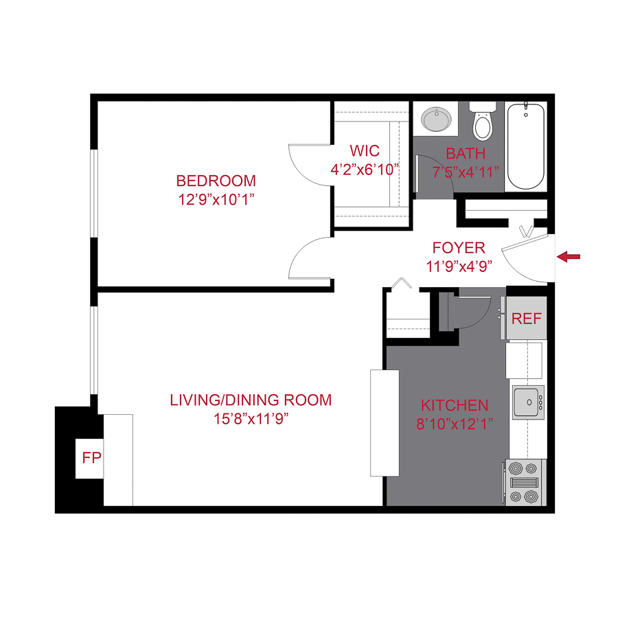 Rendering of the Plan A5 - One Bedroom floor plan with 1 bedroom[s] and 1 bathroom[s] at 1430 Humboldt