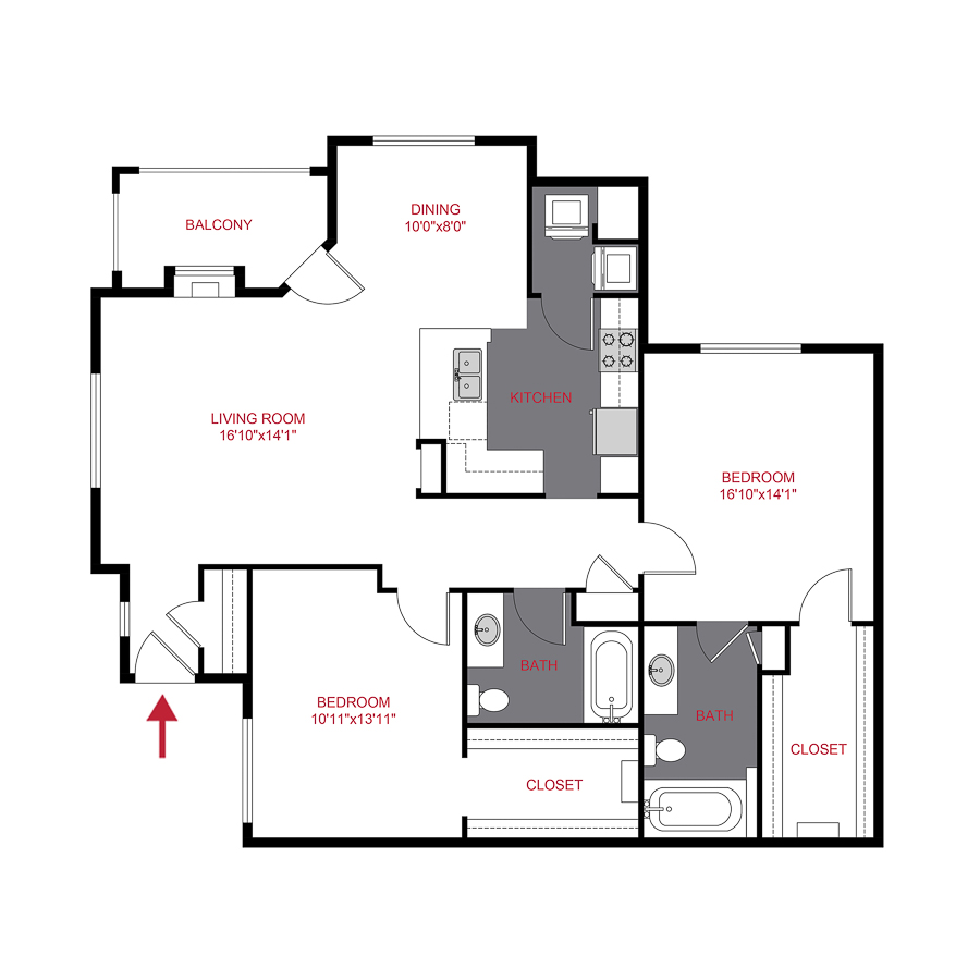 Rendering of the Rosamond floor plan with 2 bedroom[s] and 2 bathroom[s] at Timber Creek