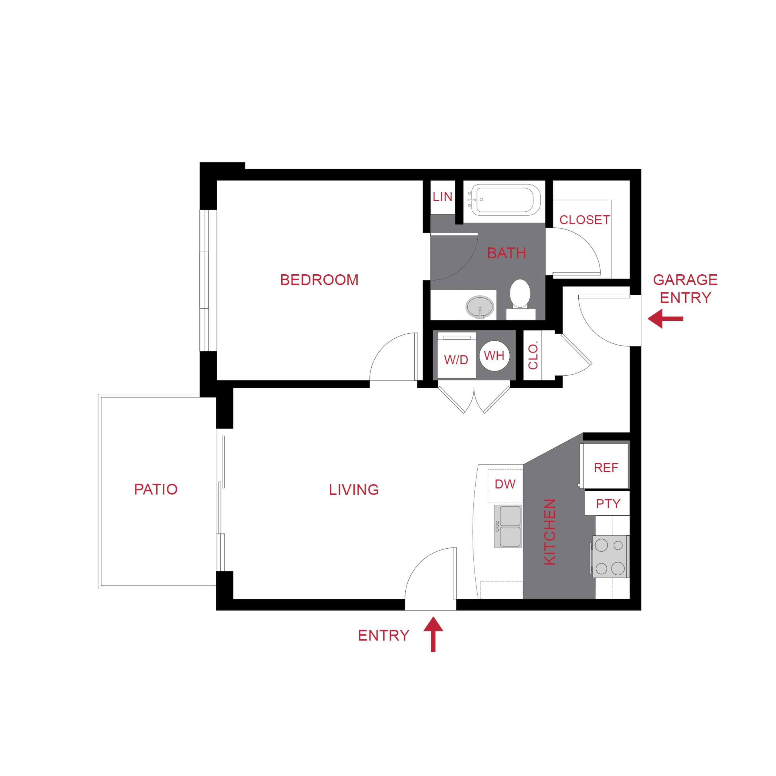 Rendering of the A1 floor plan with 1 bedroom[s] and 1 bathroom[s] at Monaco Row