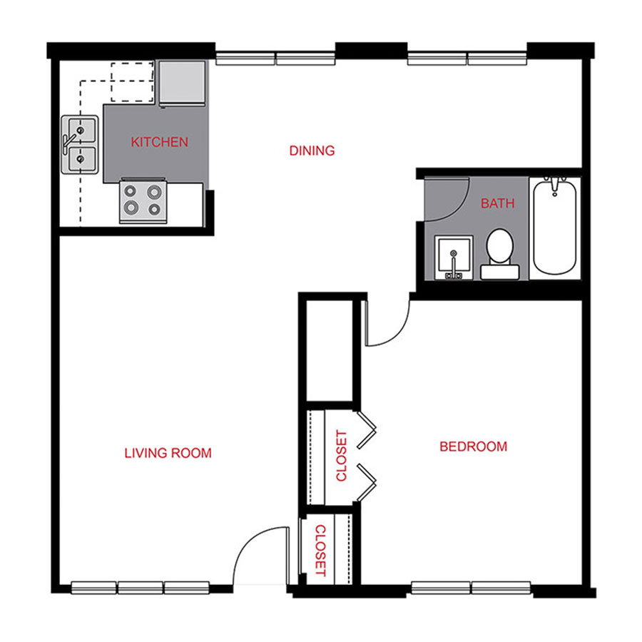 Rendering of the A1 floor plan with 1 bedroom[s] and 1 bathroom[s] at Colorado Station