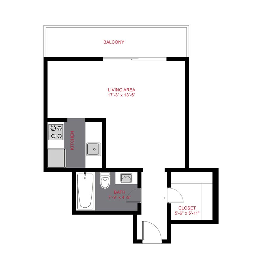 Rendering of the S1 floor plan with a Studio bedroom and 1 bathroom[s] at 1280 Lafayette
