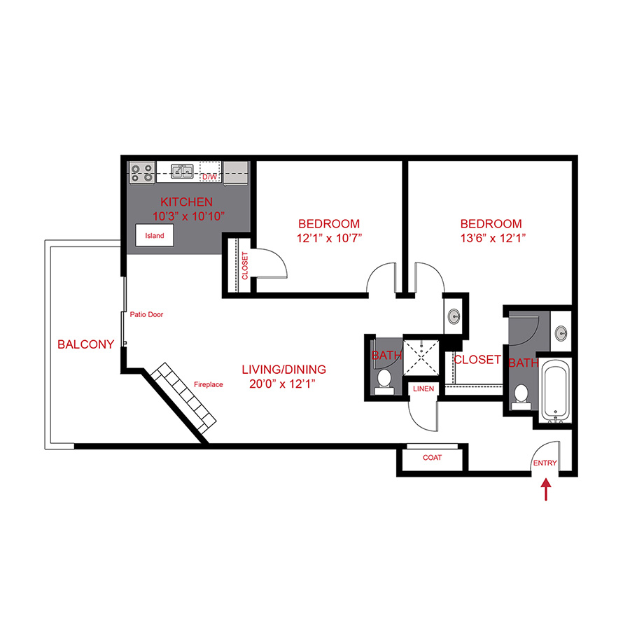 Rendering of the B1 floor plan with 2 bedroom[s] and 2 bathroom[s] at Liv on Steele