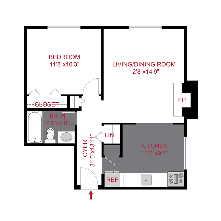 Rendering of the Plan A4 - One Bedroom floor plan with 1 bedroom[s] and 1 bathroom[s] at 1430 Humboldt