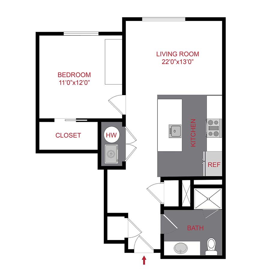 Rendering of the The Foster floor plan with 1 bedroom[s] and 1 bathroom[s] at 7/S Denver Haus