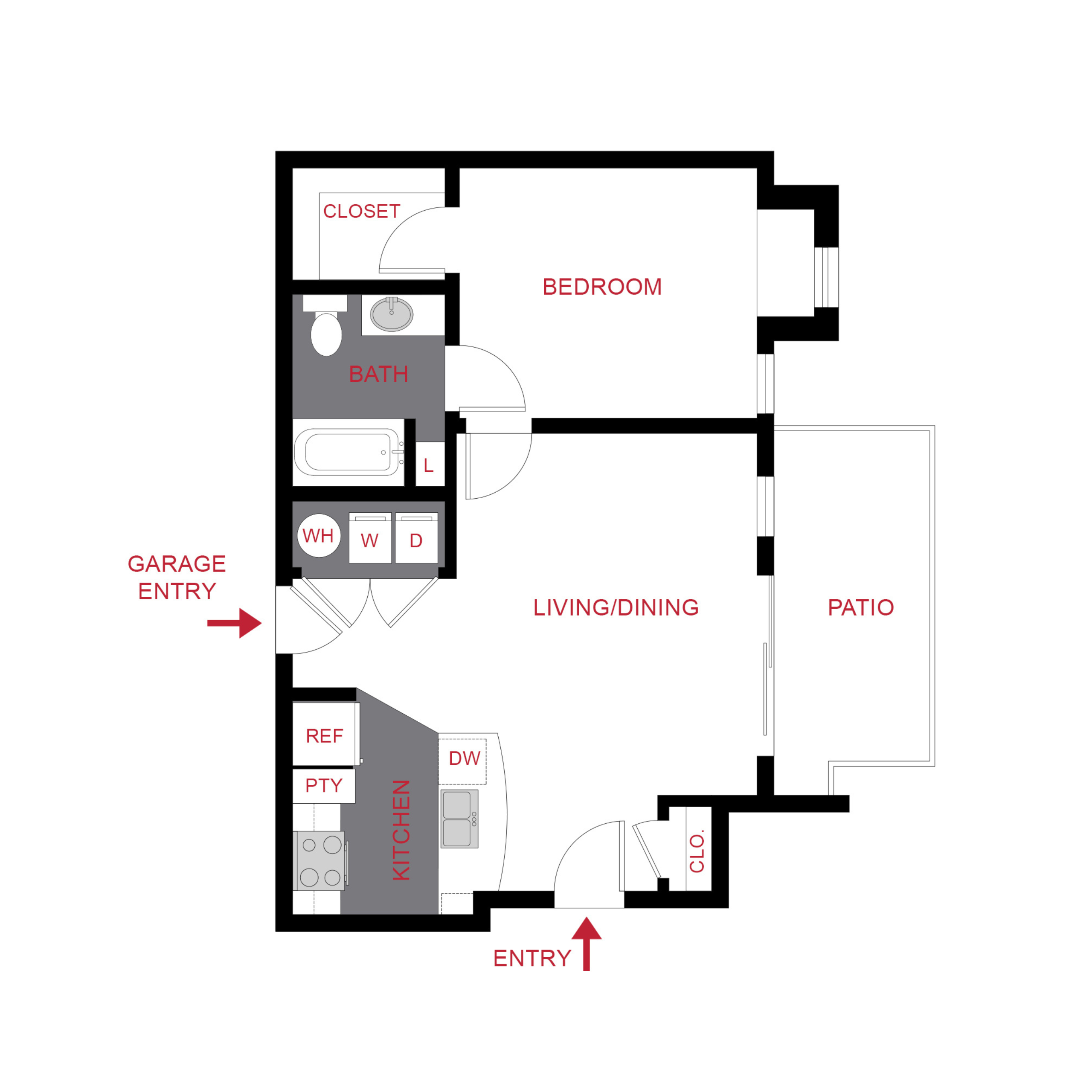 Rendering of the A4 floor plan with 1 bedroom[s] and 1 bathroom[s] at Monaco Row