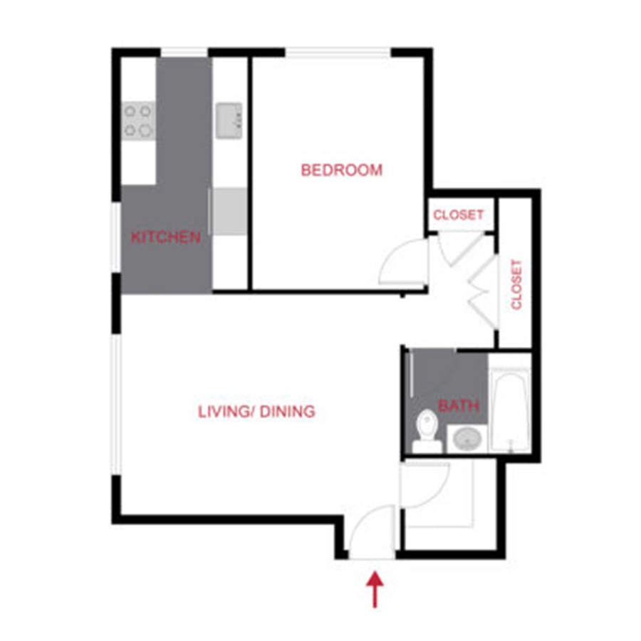 Rendering of the 820 Dexter - Plan A floor plan with 1 bedroom[s] and 1 bathroom[s] at The Dexters & Dahlias
