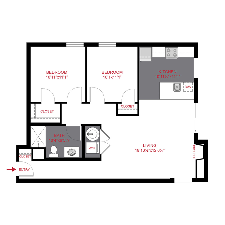 Rendering of the B4 floor plan with 2 bedroom[s] and 1 bathroom[s] at Story