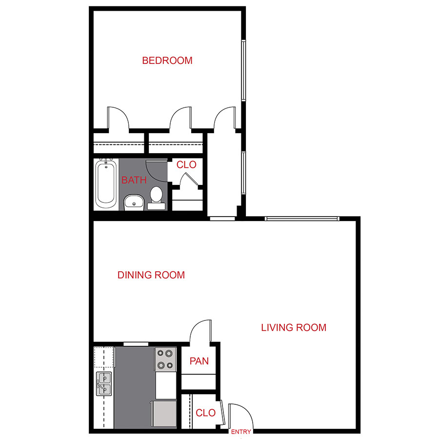 Rendering of the A1 floor plan with 1 bedroom[s] and 1 bathroom[s] at 611 East 11th